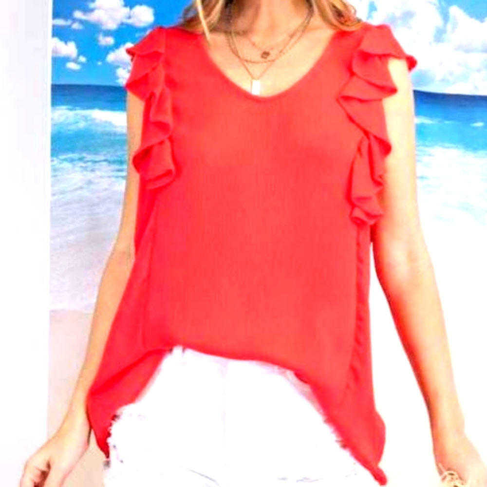 XOXO Women’s Ruffle Red Sleeveless Crew Neck Shark Bite Hem Top Size S
